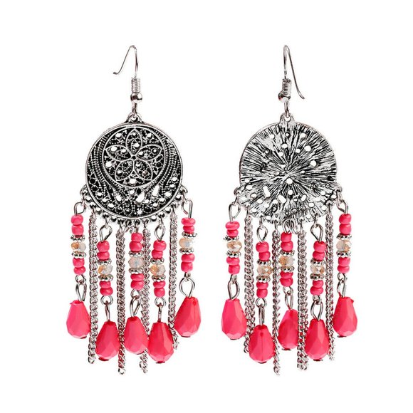 Dangle Earrings Coral & Silver Tones 3.75" Boho Hippie NWT Perfect Cond M425 - Picture 2 of 4